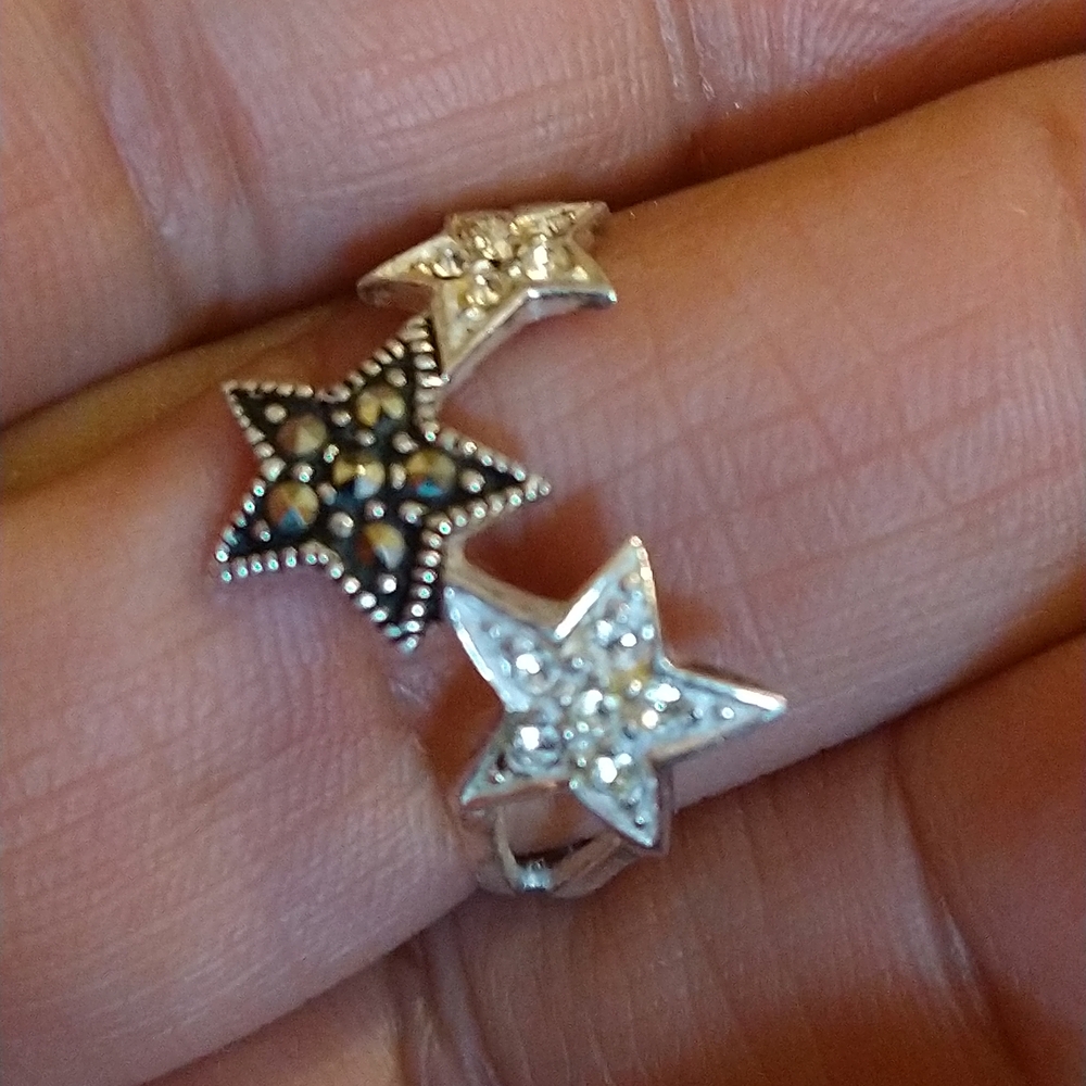 Triple Star Silver Ring with Black and White Accents